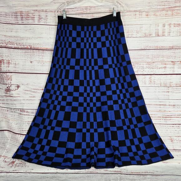 Future Collective Stretch Aline Midi Skirt M Black Blue Check Plaid Party NWT - Picture 3 of 12